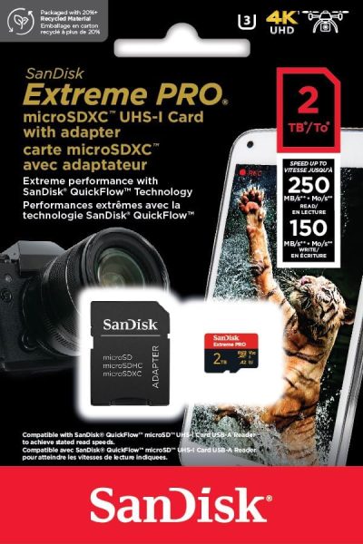 SanDisk 2TB Extreme PRO microSDXC™ UHS-I Card, Up to 250MB/s Read Speed; Up to 150MB/s Write Speed, SDSQXCD-2T00-GN6MA