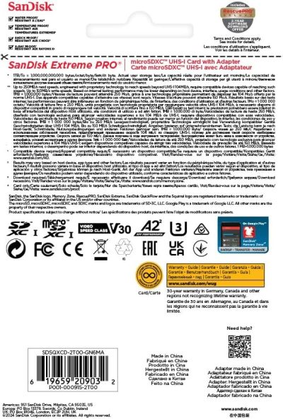 SanDisk 2TB Extreme PRO microSDXC™ UHS-I Card, Up to 250MB/s Read Speed; Up to 150MB/s Write Speed, SDSQXCD-2T00-GN6MA